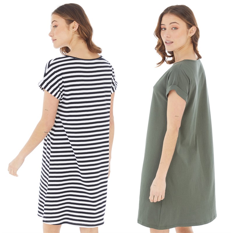 Board Angels Womens Two Pack T-Shirt Dresses Stripe/Khaki