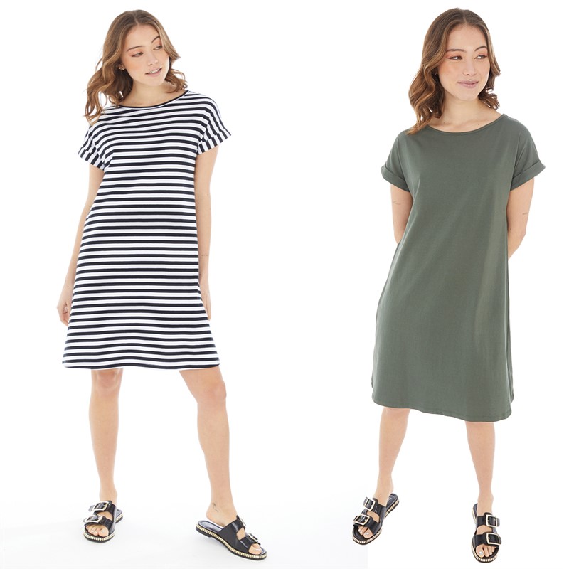 Board Angels Womens Two Pack T-Shirt Dresses Stripe/Khaki