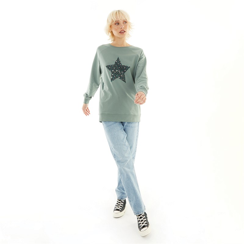 Board Angels Womens Leopard Star Sweatshirt Khaki