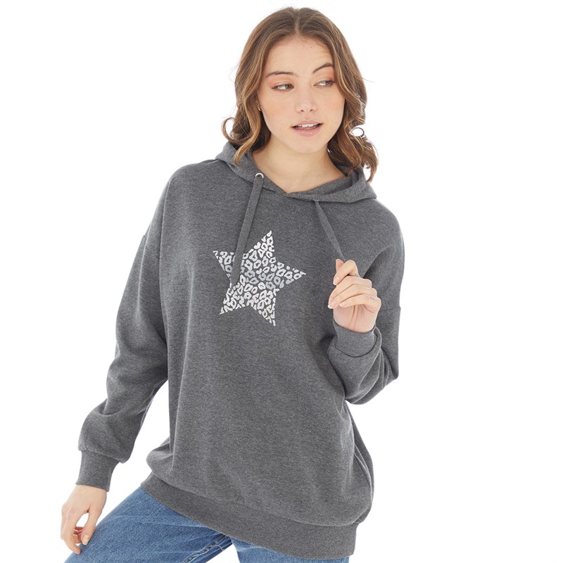 Board Angels Womens Leopard Star Hoodie Charcoal