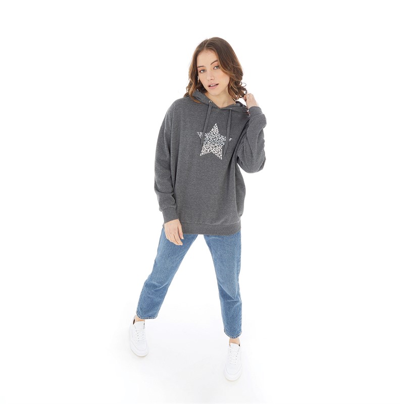 Board Angels Womens Leopard Star Hoodie Charcoal