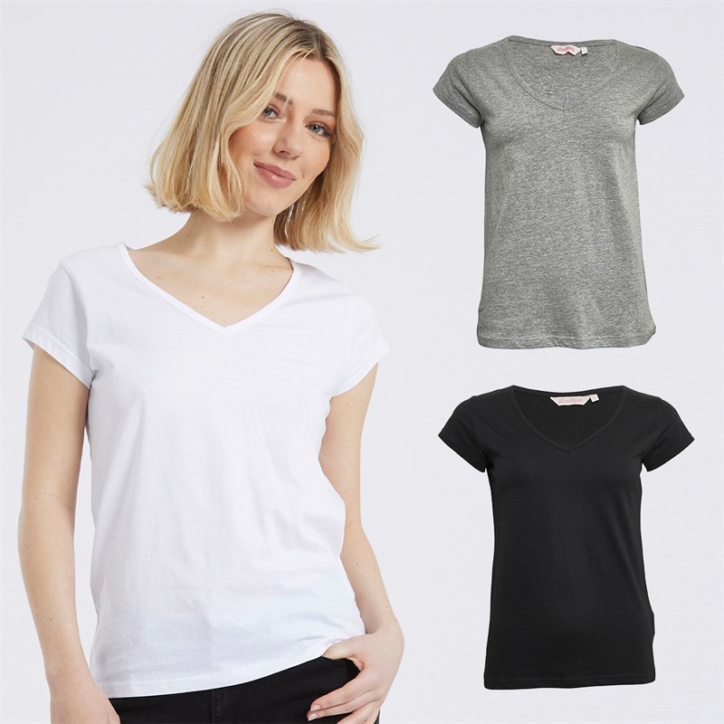 Board Angels Womens Three Pack V Neck T-Shirts Black/Grey Marl/White