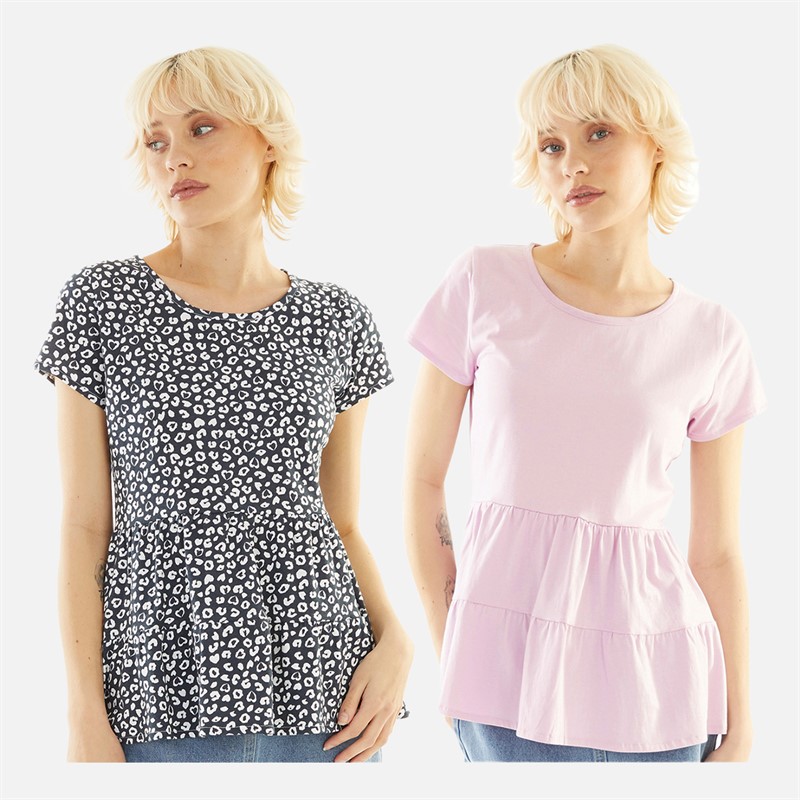 Board Angels Womens Two Pack Short Sleeve Tier Tops Leopard/Lilac