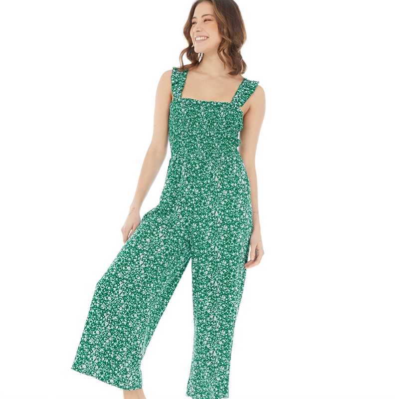 Board Angels Womens Viscose Smocked Jumpsuit Meadow Ditsy Green