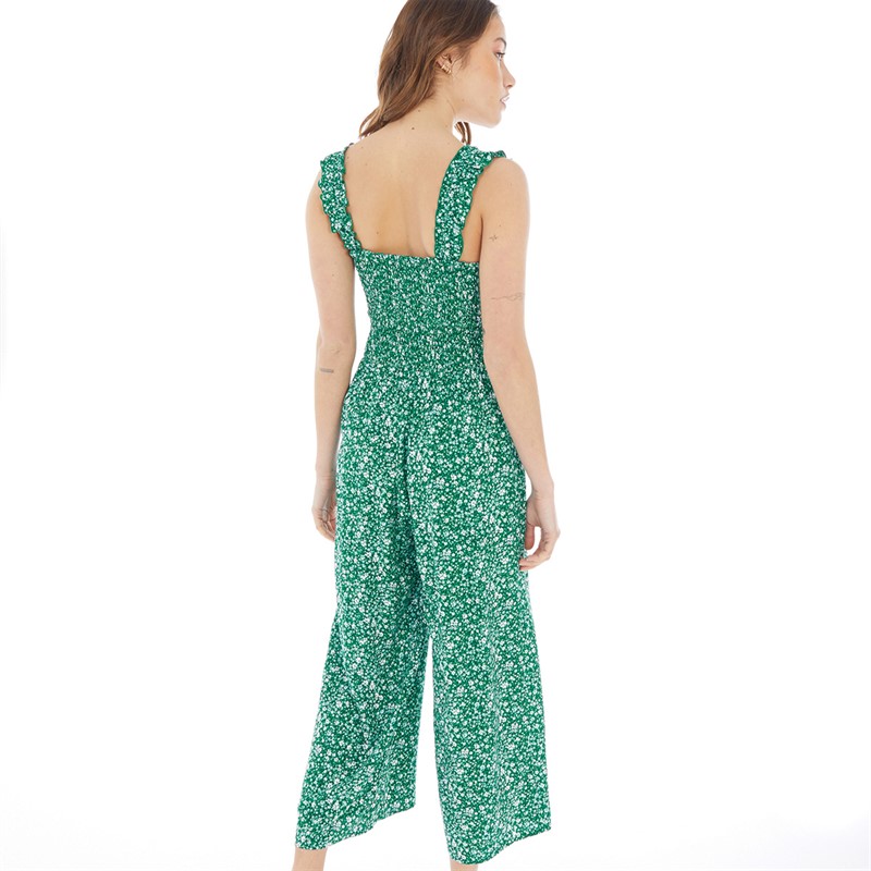 Board Angels Womens Viscose Smocked Jumpsuit Meadow Ditsy Green