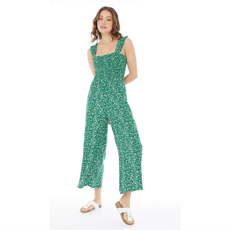 Board Angels Womens Viscose Smocked Jumpsuit Meadow Ditsy Green