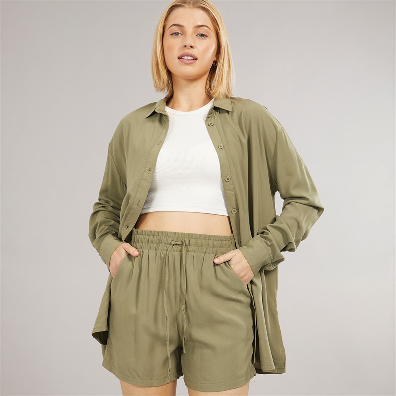 Board Angels Womens Co-Ord Long Shirt And Shorts Set Khaki