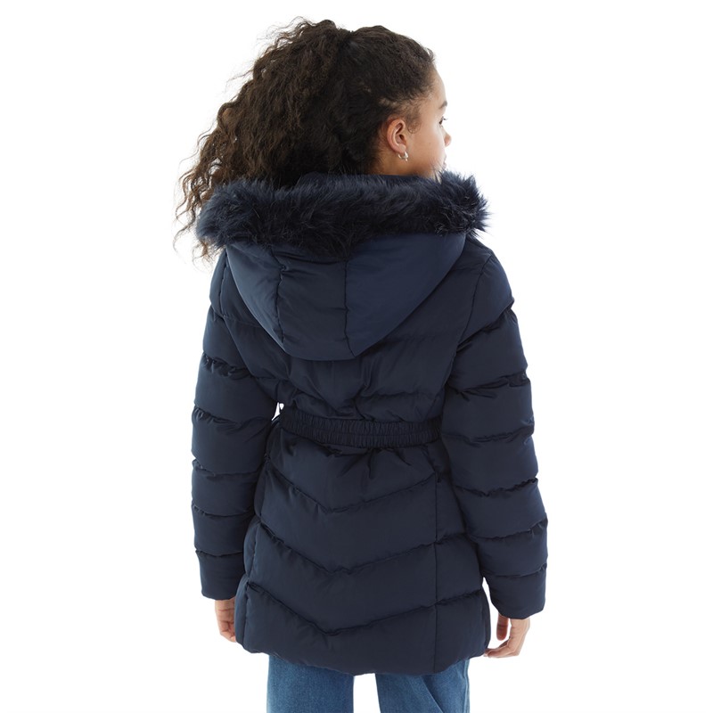 Board Angels Girls Belted Jacket With Faux Fur Hood Navy