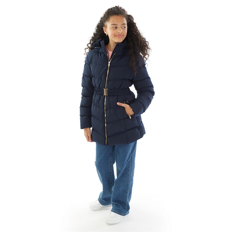 Board Angels Girls Belted Jacket With Faux Fur Hood Navy