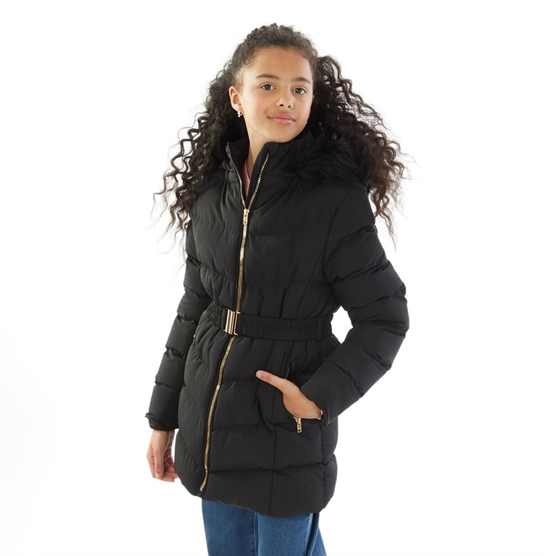 Board Angels Girls Belted Jacket With Faux Fur Hood Black