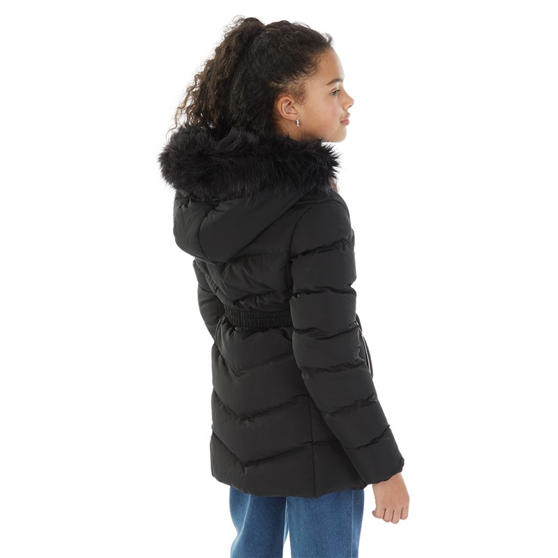 Board Angels Girls Belted Jacket With Faux Fur Hood Black