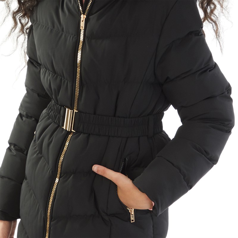 Board Angels Girls Belted Jacket With Faux Fur Hood Black