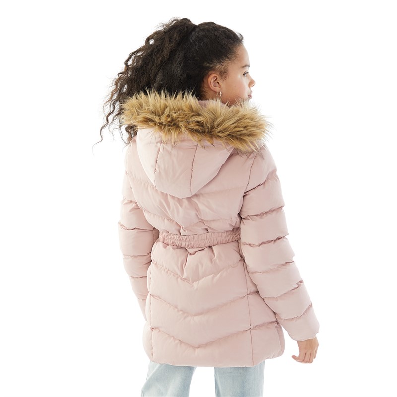 Board Angels Girls Belted Jacket With Faux Fur Hood Pearl Pink