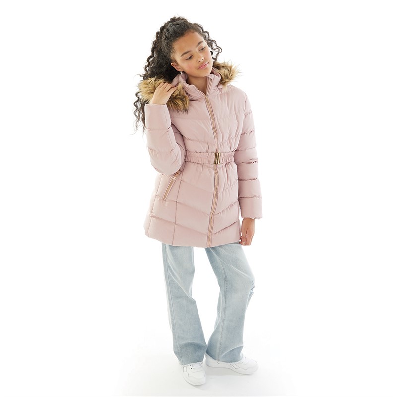 Buy Board Angels Girls Belted Jacket With Faux Fur Hood Pearl Pink