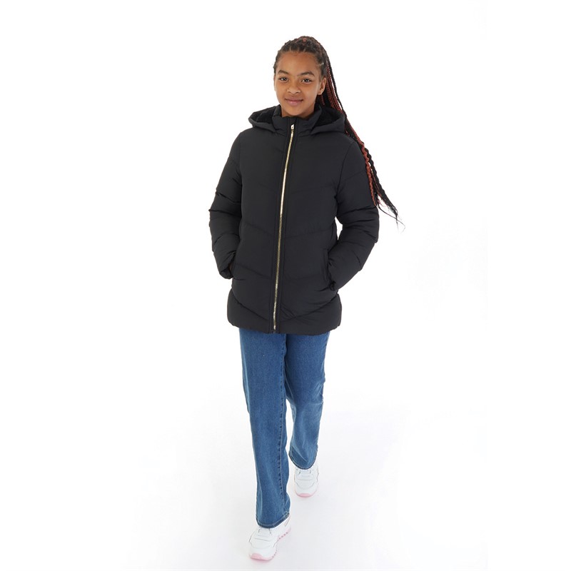 Board Angels Girls Chevron Puffer Jacket With Faux Fur Lined Hood Black