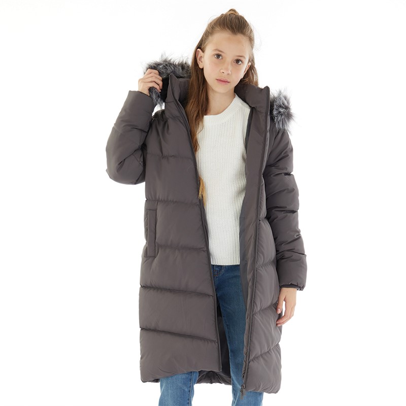 Long puffer jacket with faux fur hood best sale