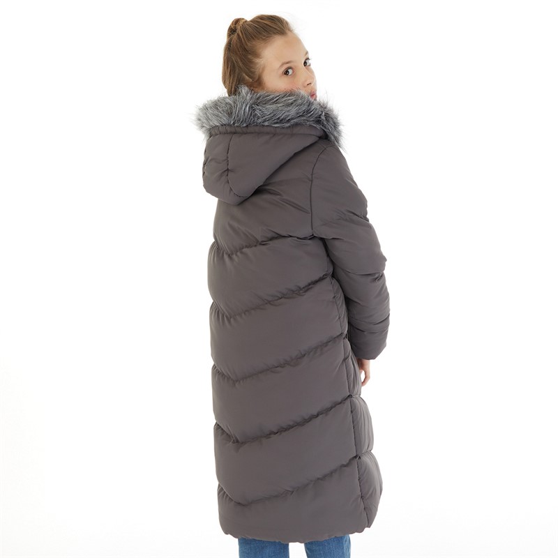 Board Angels Girls Long Puffer Jacket With Faux Fur Hood Dark Charcoal