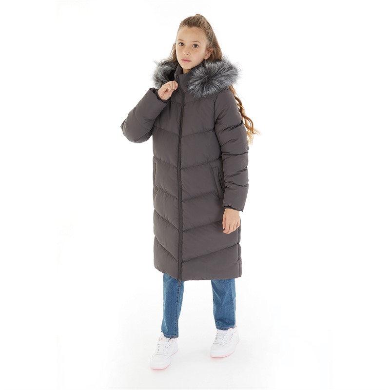 Board Angels Girls Long Puffer Jacket With Faux Fur Hood Dark Charcoal