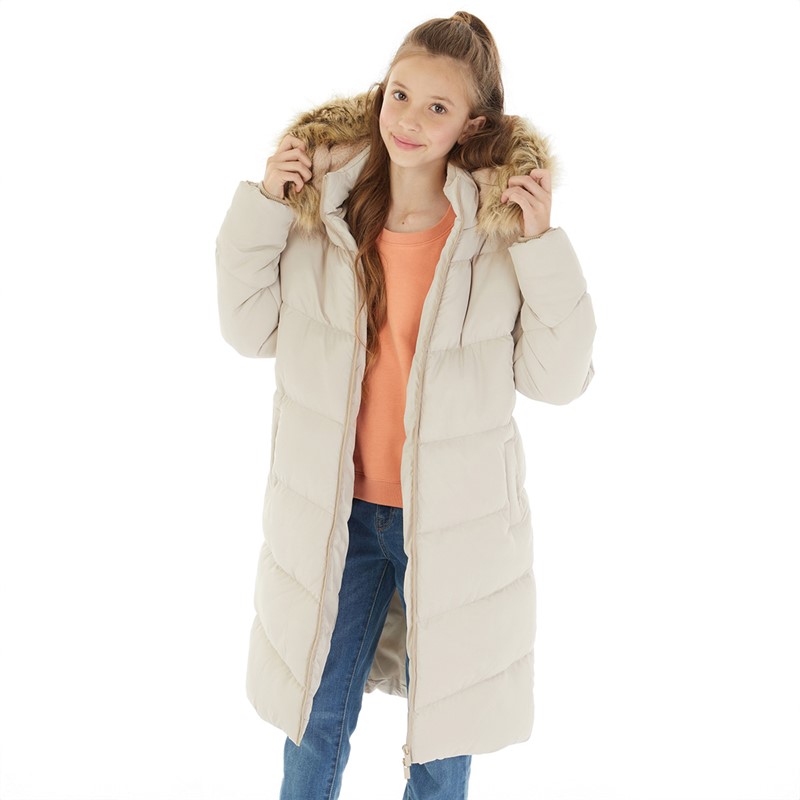 Board Angels Girls Long Puffer Jacket With Faux Fur Hood Ecru