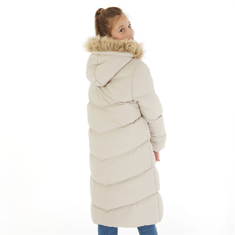 Board Angels Girls Long Puffer Jacket With Faux Fur Hood Ecru