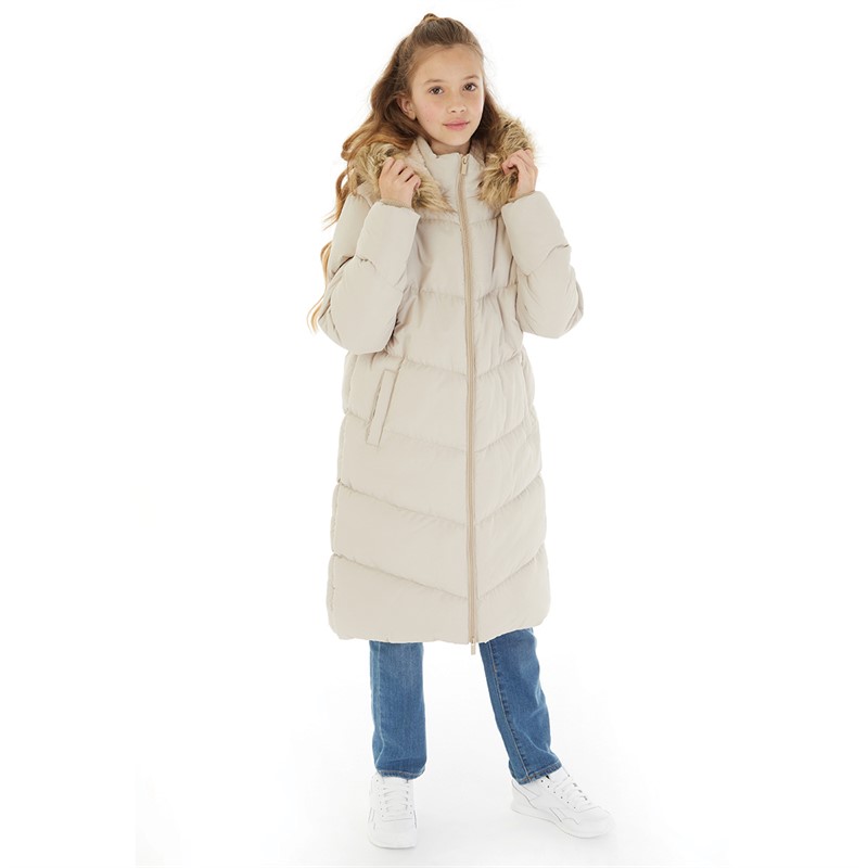 Board Angels Girls Long Puffer Jacket With Faux Fur Hood Ecru