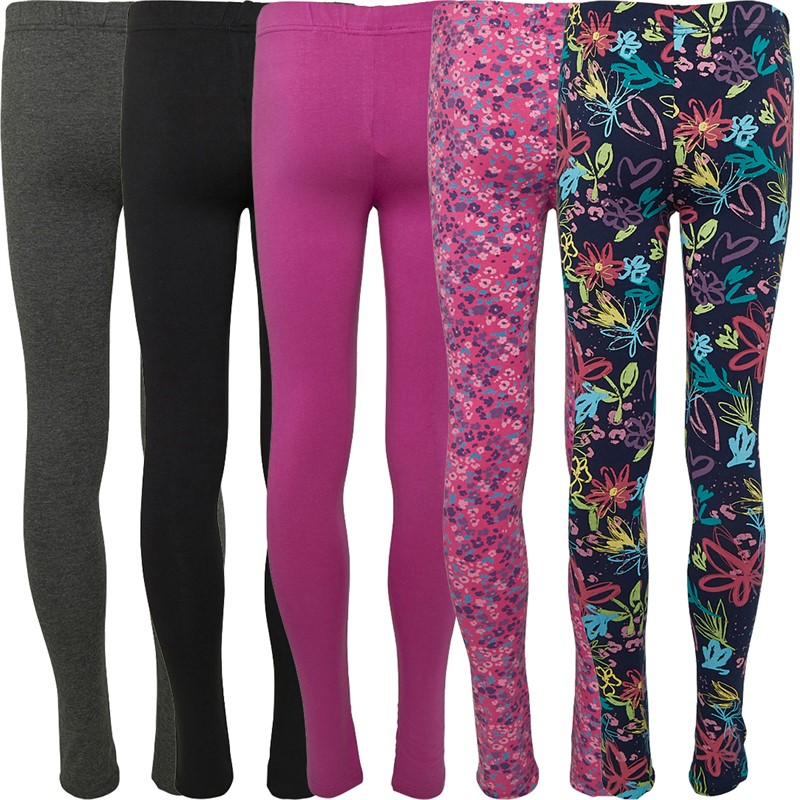 Board Angels Girls Five Pack Plain/Print Leggings Multi