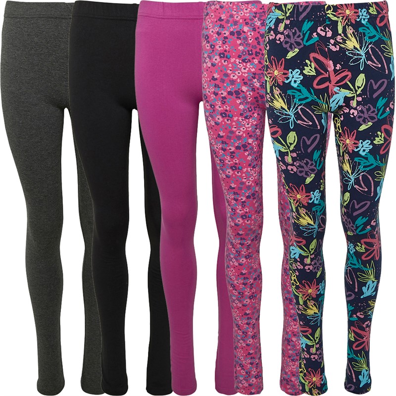 Board Angels Girls Five Pack Plain/Print Leggings Multi