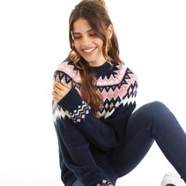 Board Angels Womens Fairisle Crew Neck Sweater Navy/Pink