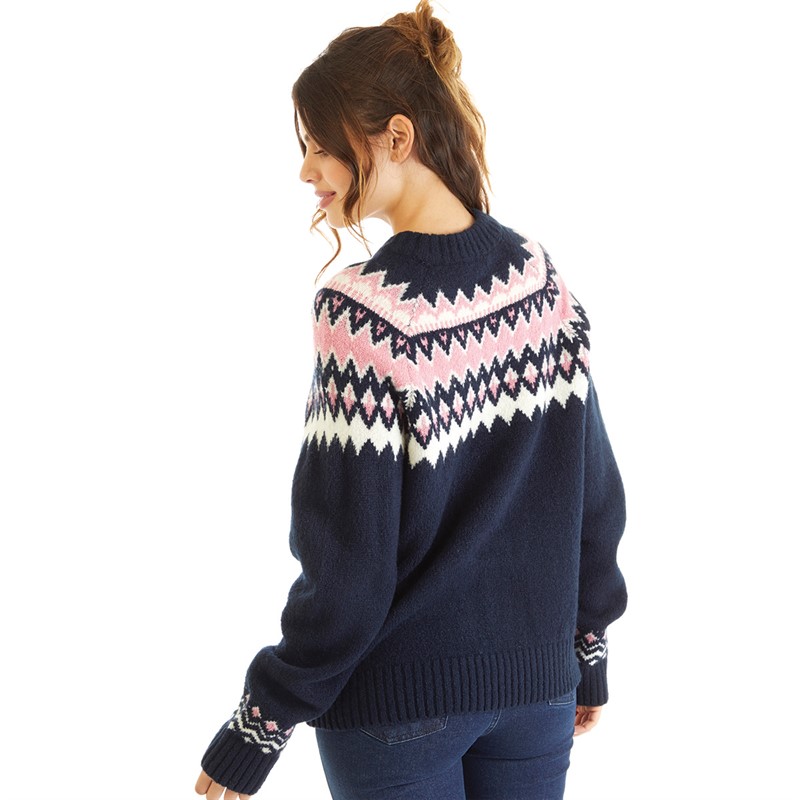 Board Angels Womens Fairisle Crew Neck Sweater Navy/Pink