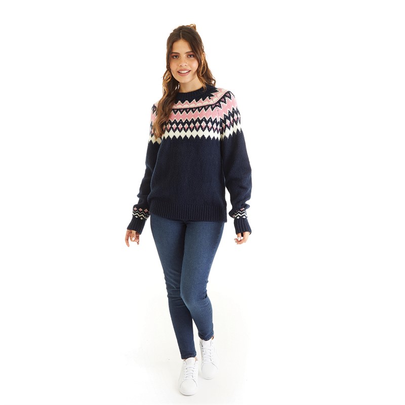 Board Angels Womens Fairisle Crew Neck Sweater Navy/Pink