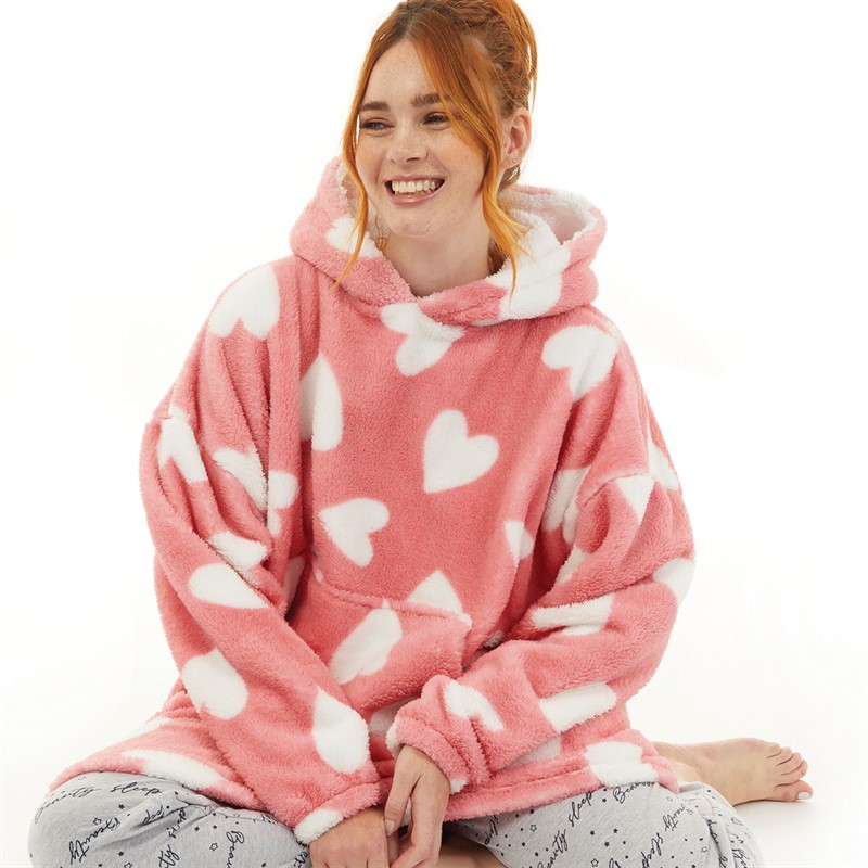 Board Angels Womens Heart Oversized Blanket Hoodie Pink/White