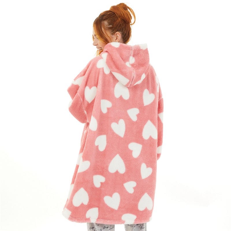 Board Angels Womens Heart Oversized Blanket Hoodie Pink/White