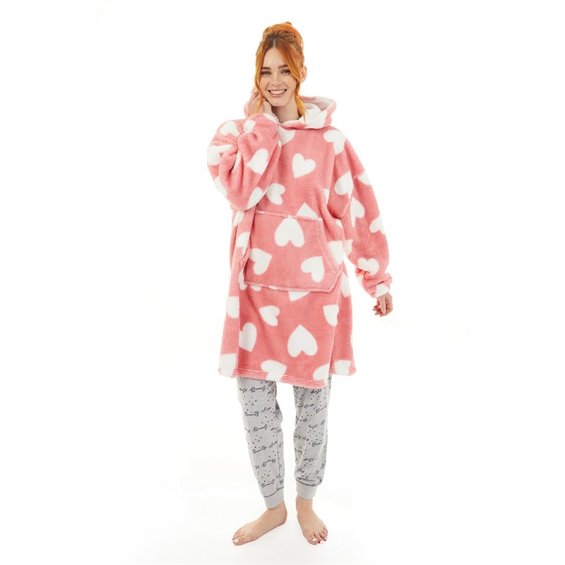 Board Angels Womens Heart Oversized Blanket Hoodie Pink/White