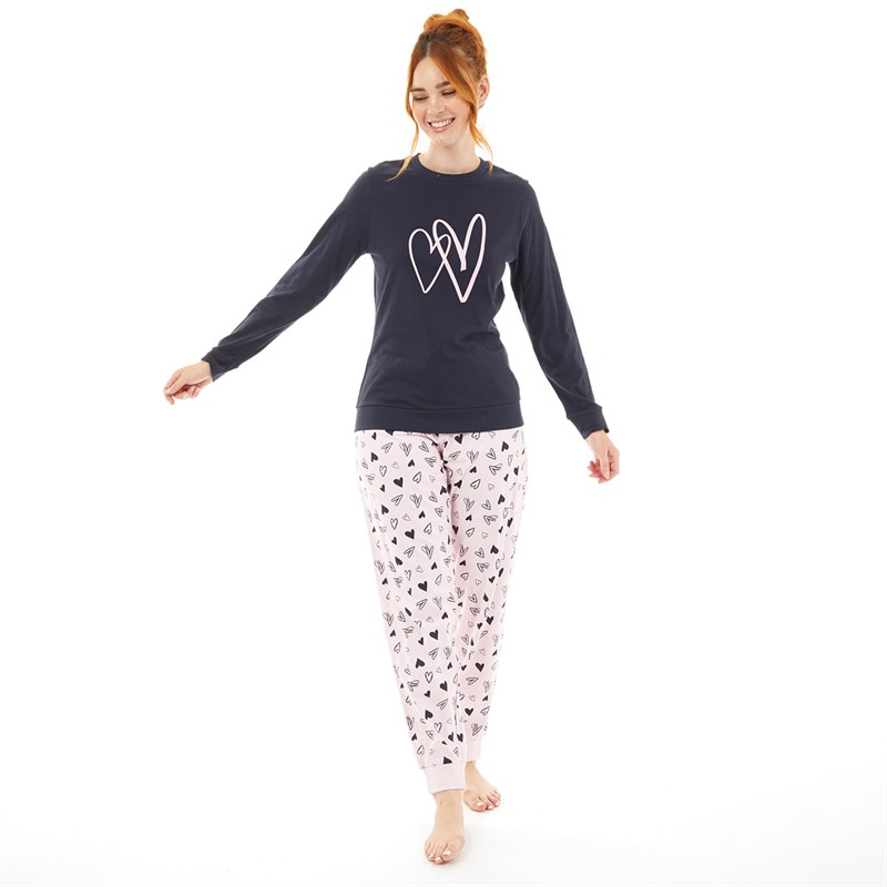 Board Angels Womens Hearts Long Sleeve Pyjama Set Pink/Navy