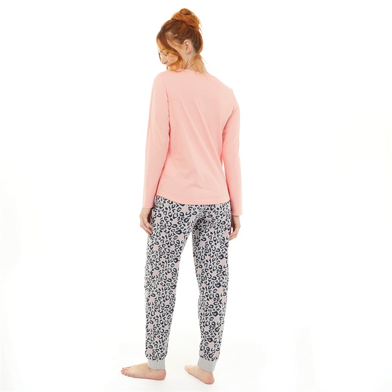 Board Angels Womens Long Sleeve Leopard Pyjama Set Pink/Grey Marl