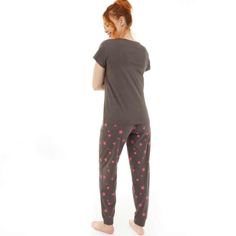 Board Angels Womens Short Sleeve Star Pyjama Set Grey/Pink