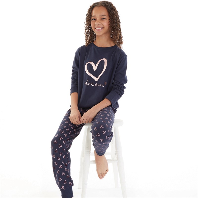 Board Angels Girls Heart Pyjama Set Navy