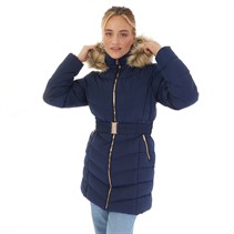 Board Angels Womens Belted Jacket With Faux Fur Trim Hood Navy