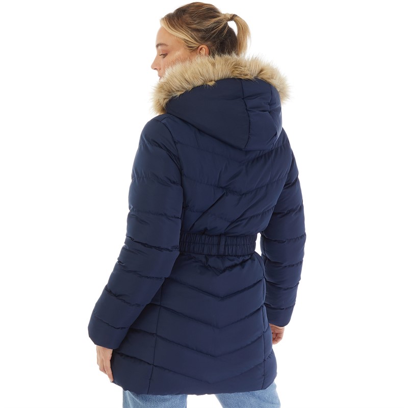 Board Angels Womens Belted Jacket With Faux Fur Trim Hood Navy