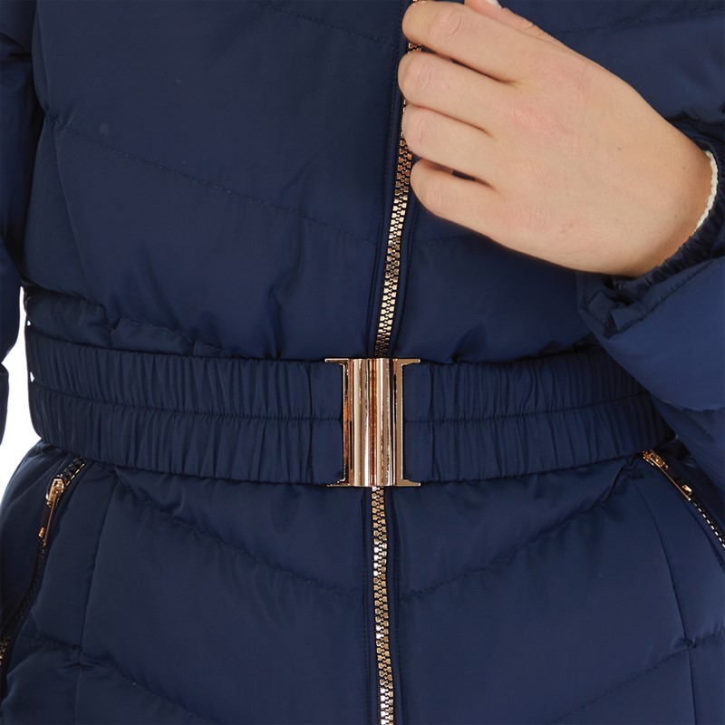 Board Angels Womens Belted Jacket With Faux Fur Trim Hood Navy