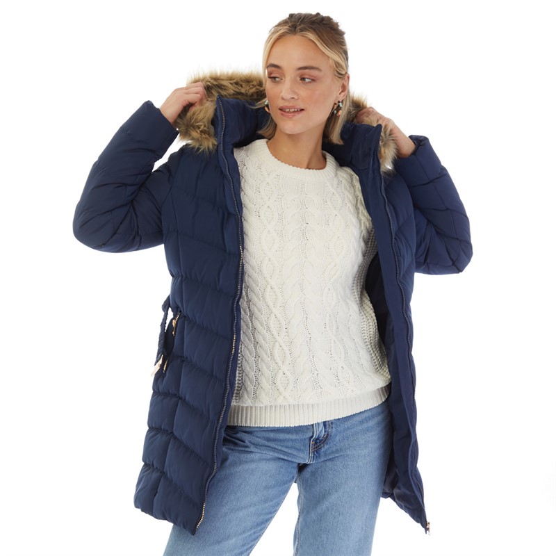 Board Angels Womens Belted Jacket With Faux Fur Trim Hood Navy