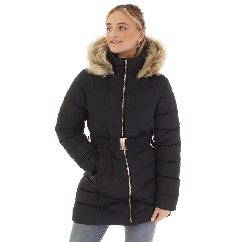 Board Angels Womens Belted Jacket With Faux Fur Trim Hood Black