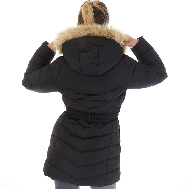 Board Angels Womens Belted Jacket With Faux Fur Trim Hood Black