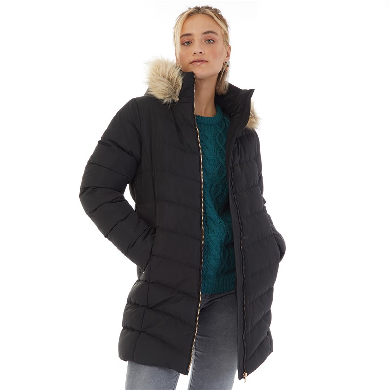 Board Angels Womens Belted Jacket With Faux Fur Trim Hood Black