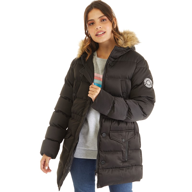 Board Angels Womens Padded Bubble Jacket With Faux Fur Hood Black