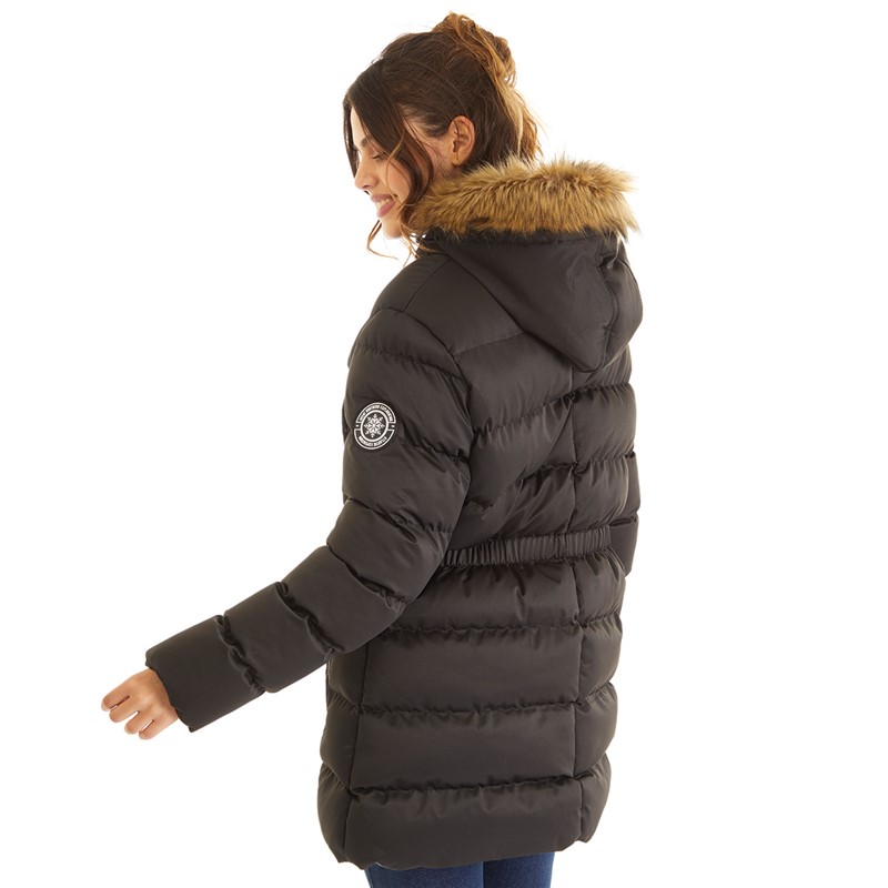 Board Angels Womens Padded Bubble Jacket With Faux Fur Hood Black