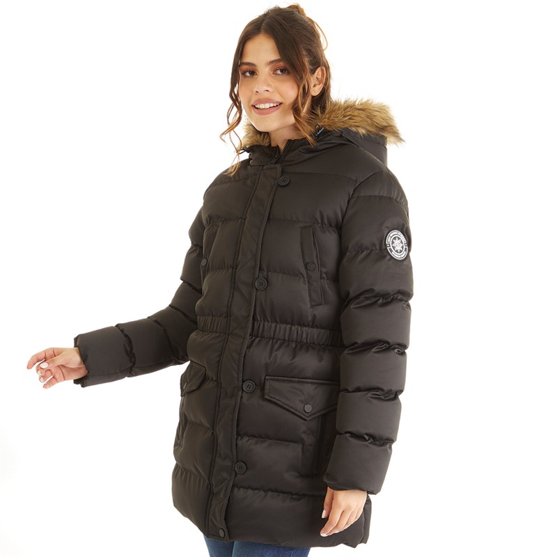 Board Angels Womens Padded Bubble Jacket With Faux Fur Hood Black