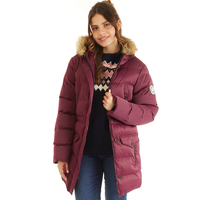 Buy Board Angels Womens Padded Bubble Jacket With Faux Fur Hood Burgundy