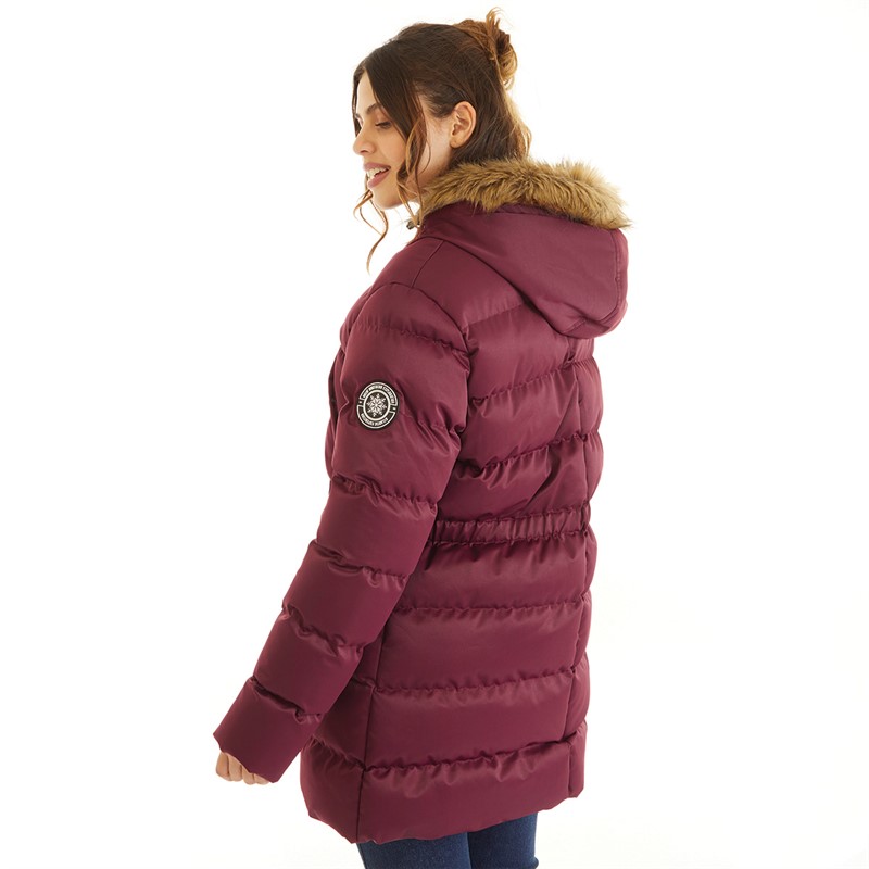 Board Angels Womens Padded Bubble Jacket With Faux Fur Hood Burgundy