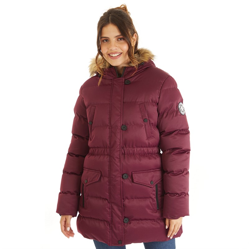 Board Angels Womens Padded Bubble Jacket With Faux Fur Hood Burgundy